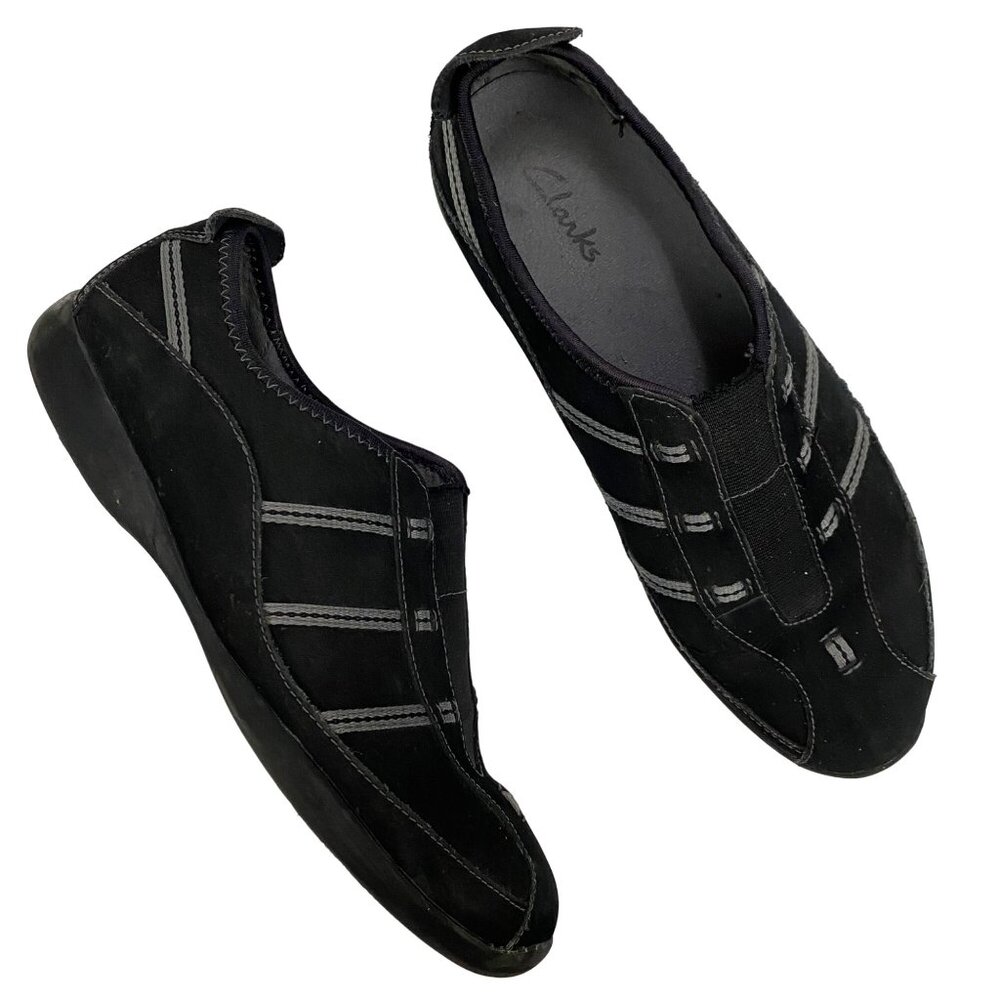 Clarks 88679 Black Nubuck Leather Slip On Sneakers Womens 9M *Damage*